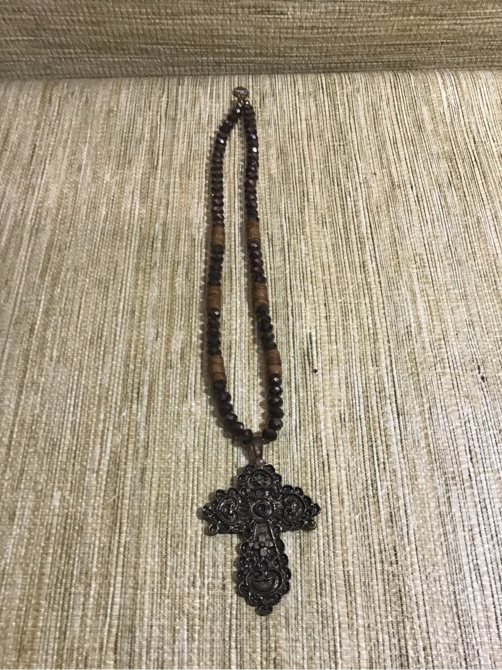 FABULINA Beveled Beaded Necklace with Ornate Cross. Measures 20"